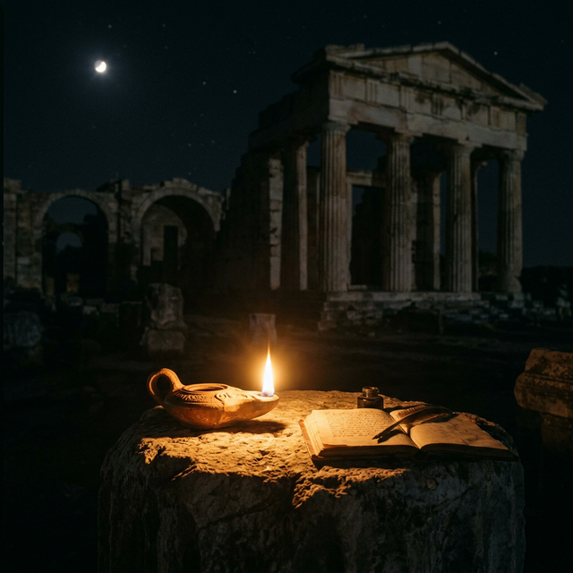 Single oil lamp burning in darkness with ancient Hindu temple ruins faintly visible in the background — symbolizing truth and education emerging from the darkness of historical amnesia