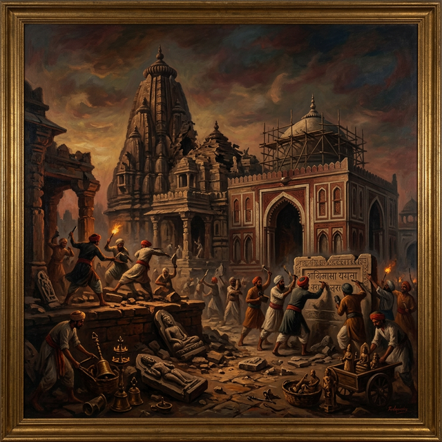 Destroyed Hindu temple ruins being converted to mosque in 15th century Jaunpur — idols smashed, Sanskrit inscriptions defaced, Hindu cultural artifacts looted, the Atala Devi temple demolished to build the Atala Mosque, dark dramatic historical painting