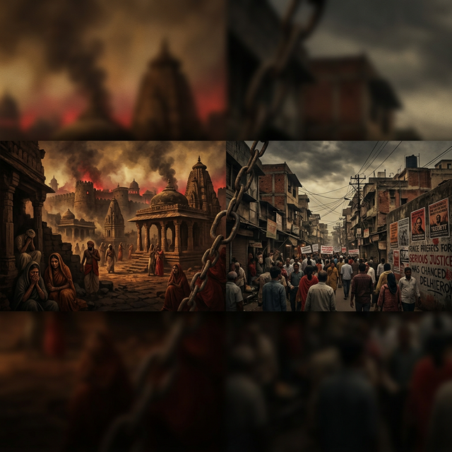 Split panorama of past and present India — 15th century Jaunpur with burning temples alongside modern Uttar Pradesh with heritage disputes and demographic changes — chains of history connecting the Sayyid dynasty era to contemporary India