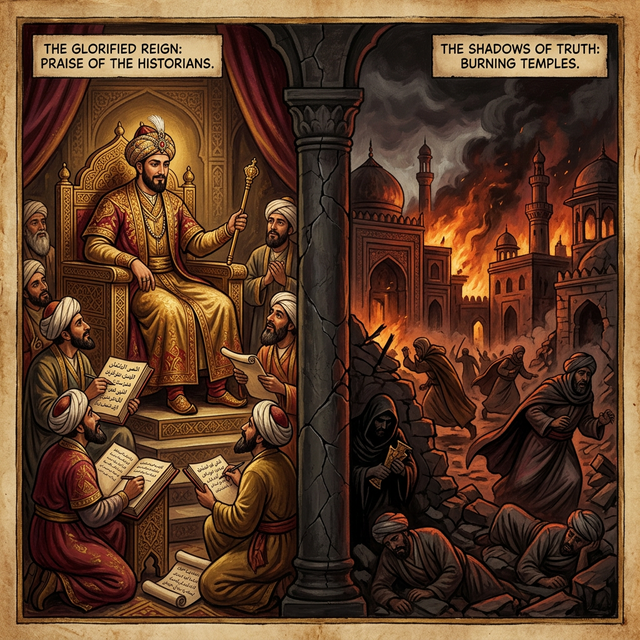 Contrast between the official glorified narrative of Malik Sarwar Khwaja Jahan and the hidden truth of his usurpations and the Sayyid dynasty's religious persecution — split composition showing textbook praise versus burning temples and oppressed Hindus, dramatic historical art style