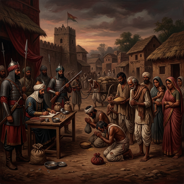 Medieval Indian Hindus bowing under oppressive Jizya taxation, armed guards collecting money, downtrodden farmers, 15th century Delhi Sultanate era depicting religious persecution under the Sayyid dynasty