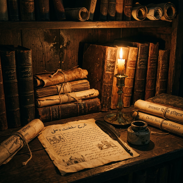 Ancient Persian manuscripts and Sanskrit scrolls in candlelight — primary chronicles documenting the Sayyid dynasty era including Tarikh-i-Mubarak Shahi, Ferishta, and Tuzk-i-Timuri, scholarly research materials