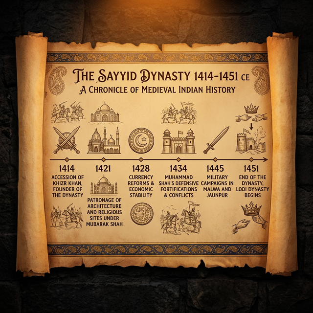 Ancient scroll unfurling to reveal a timeline of the Sayyid dynasty era 1394-1451 CE, with icons of sword, temple ruins, coins and fortress silhouettes along the timeline — representing the chronological documentation of Khwaja Jahan Sayyid's atrocities