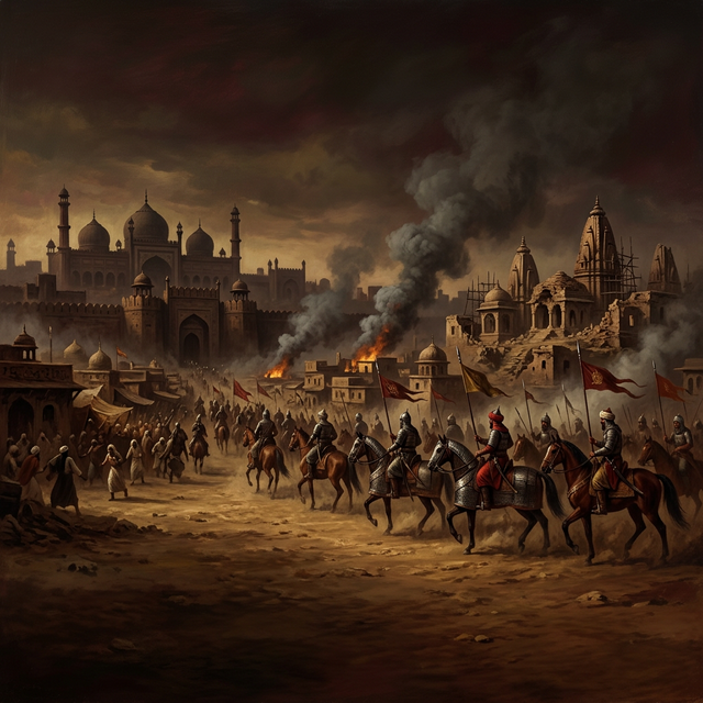 Dramatic depiction of the Sayyid dynasty era (1414-1451 CE) — Delhi's horizon with fortresses and mosques, Hindu temples demolished, armed soldiers raiding towns, smoke rising from burning buildings, representing the devastation under Khwaja Jahan Sayyid's stewardship