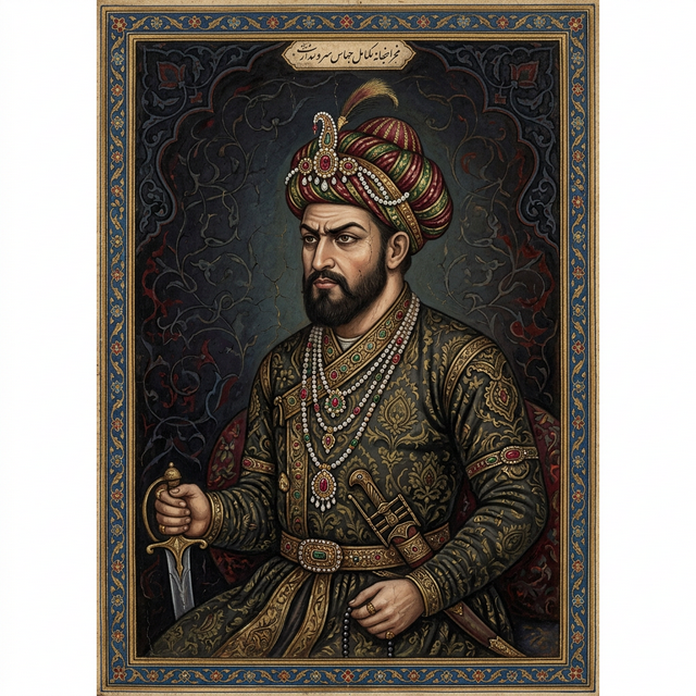 Portrait of Khwaja Jahan (Malik Sarwar), the powerful eunuch slave who became the first independent Sultan of Jaunpur and architect of the Sayyid dynasty in Delhi — depicted in classical Sultanate-era miniature painting style with turban and court robes